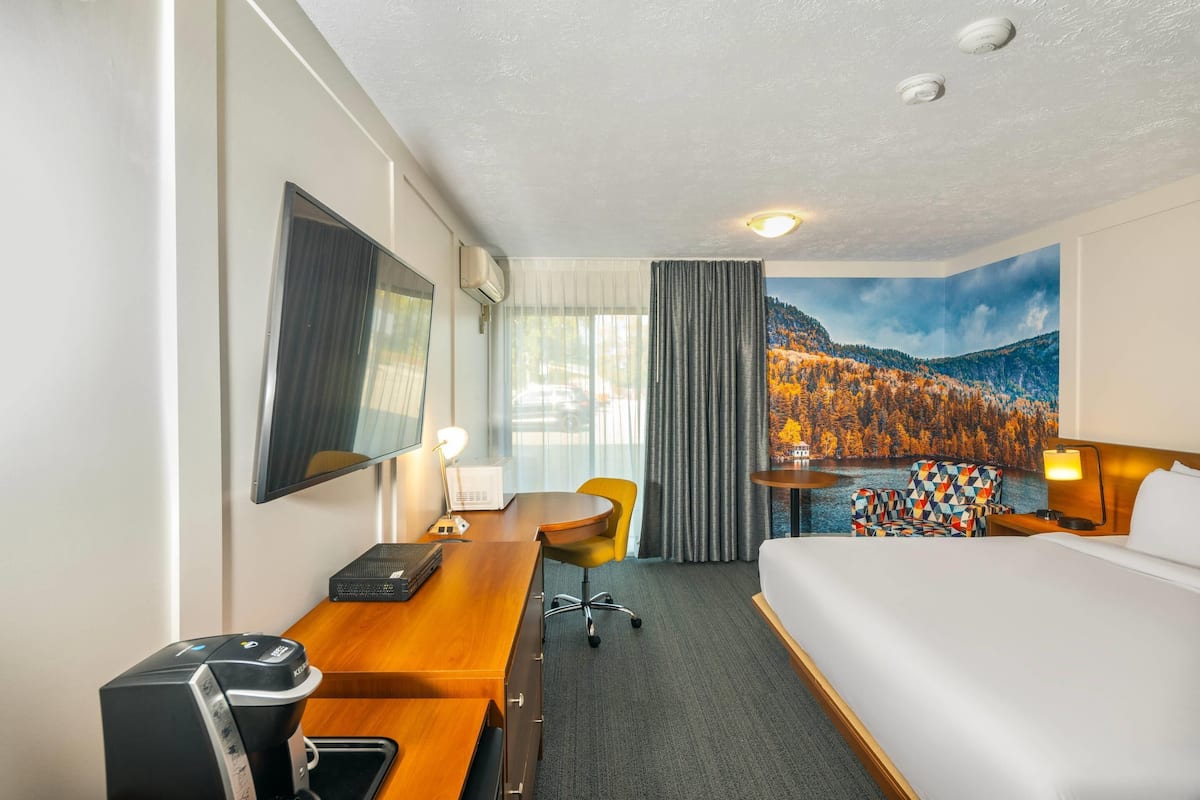 Une chambre d’hôtel comprenant un lit, un bureau avec un ordinateur, une chaise, une télévision et un tableau représentant un paysage de montagne.