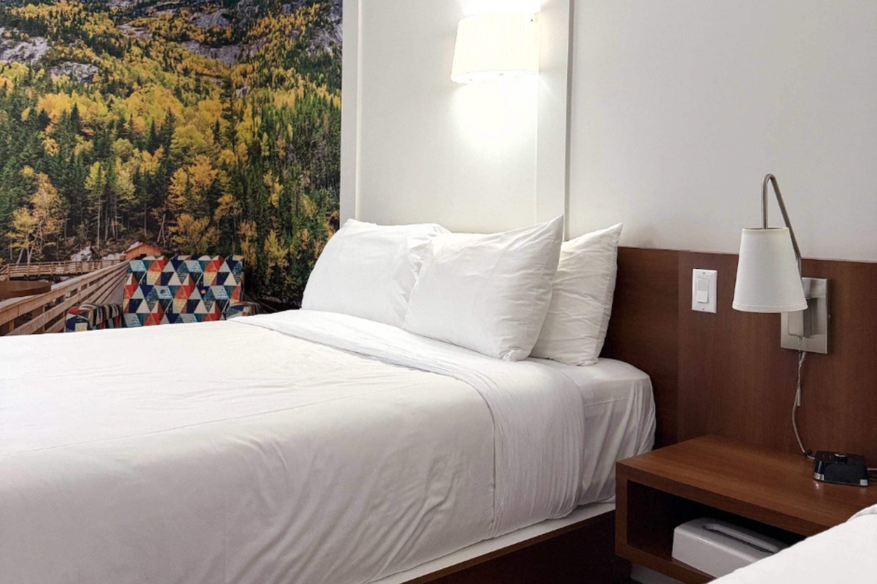 A hotel room with a bed, a nightstand, a lamp, and a wall-mounted phone.