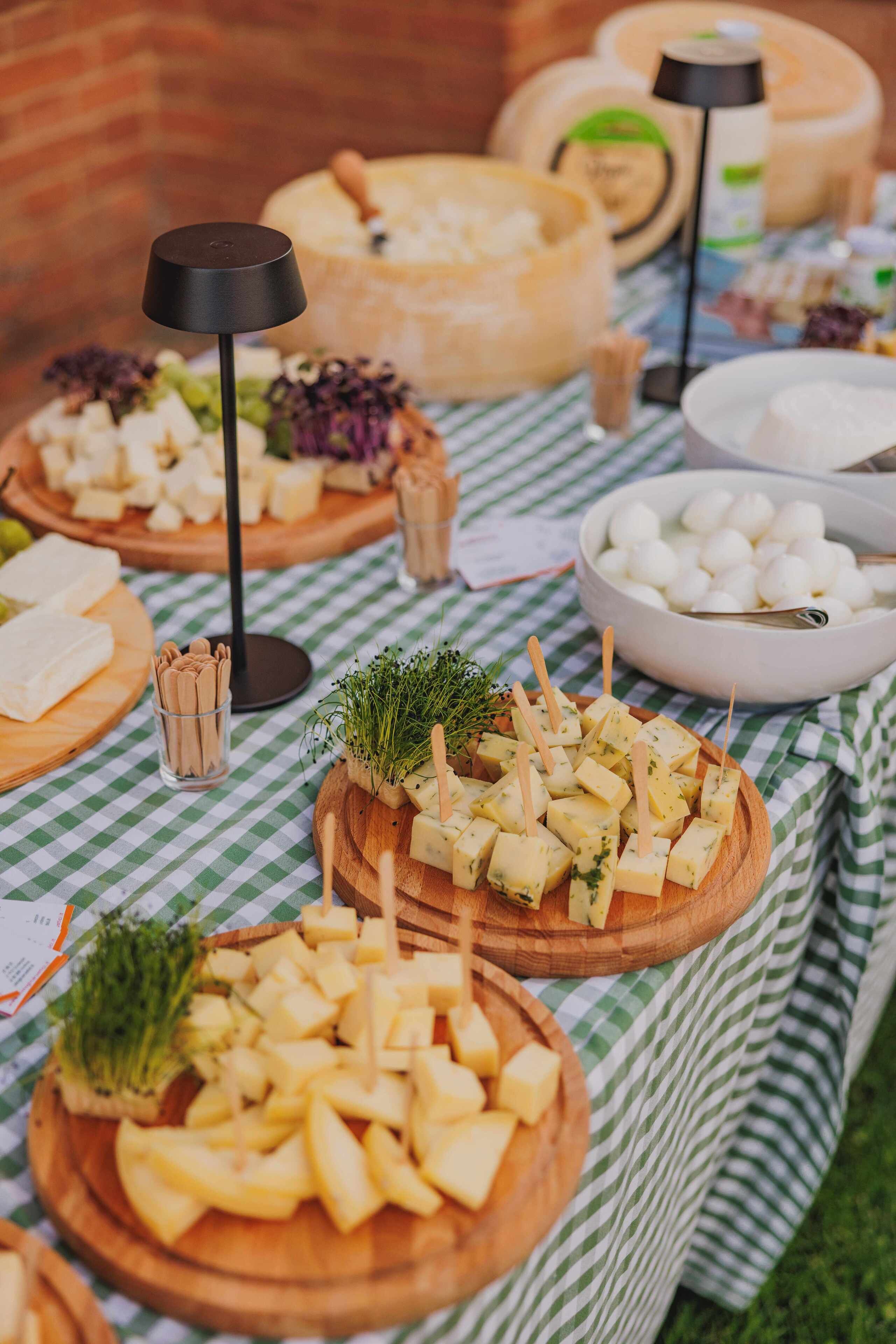 Una tabla de quesos y embutidos con diversos tipos de queso, galletas y adornos sobre un mantel a cuadros.