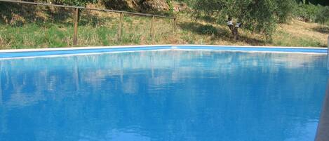 Una piscina al aire libre, sillones reclinables de piscina