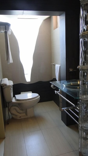 A modern bathroom with a toilet, sink, and glass shower enclosure. - Hotel Cuellar (Tula de Allende)