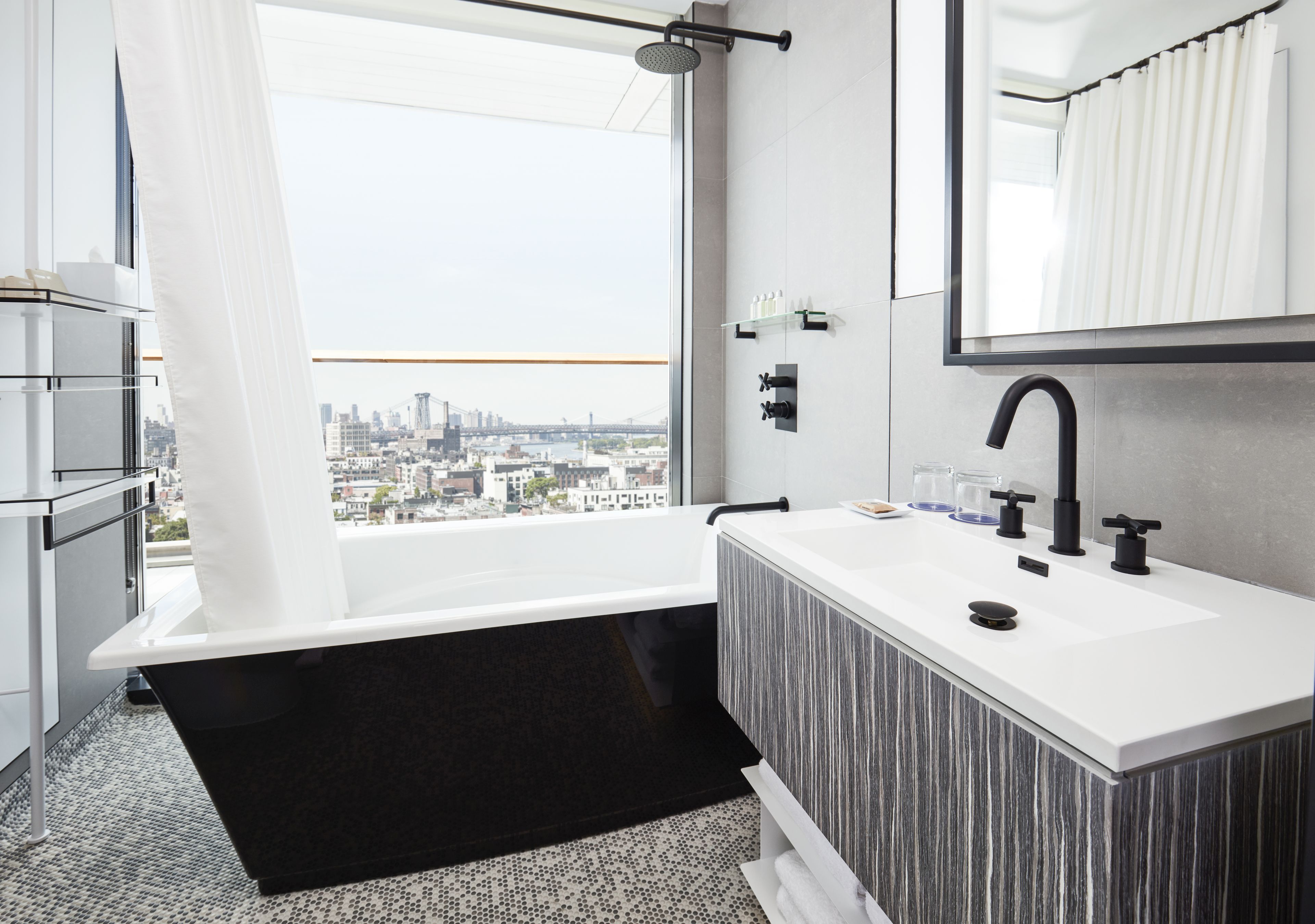suite, 1 queen bed, balcony, corner (gotham) | bathroom | designer toiletries, hair dryer, bathrobes, towels