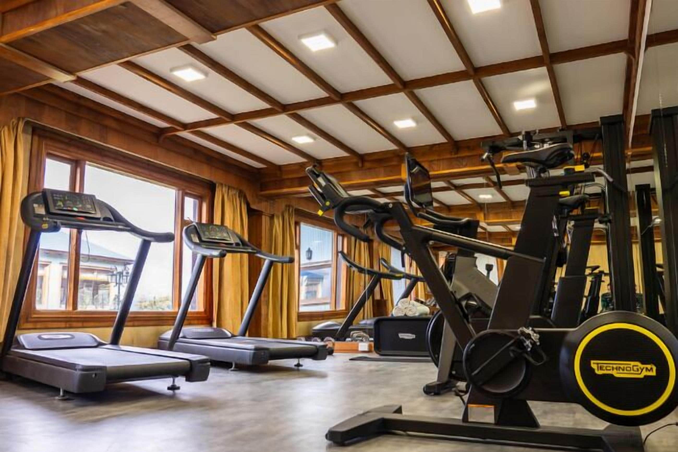 A gym with treadmills, elliptical machines, and a rowing machine.