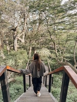 Una persona caminando sobre un puente de madera rodeada de árboles.
