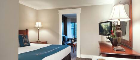 A hotel room with a bed, bedside table, lamp, TV, and a view of the outside.