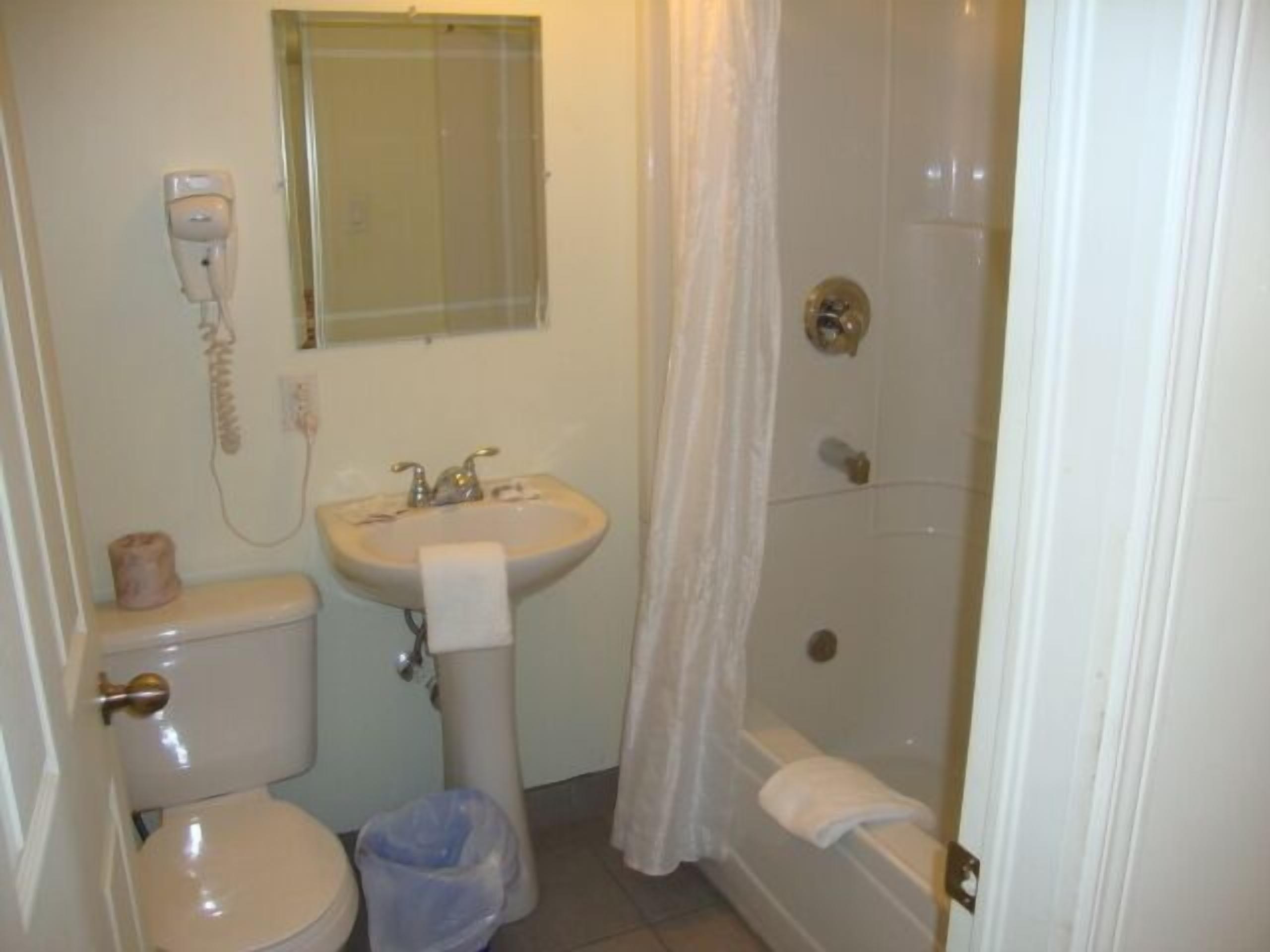 A bathroom with a toilet, sink, and shower.