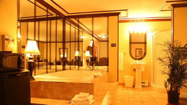 Een hotelbadkamer met een groot ligbad, een wastafel, een spiegel en een plant in pot.