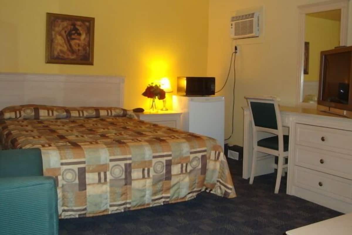 Habitación de hotel con cama, escritorio con silla, lámpara, televisión y un cuadro en la pared.