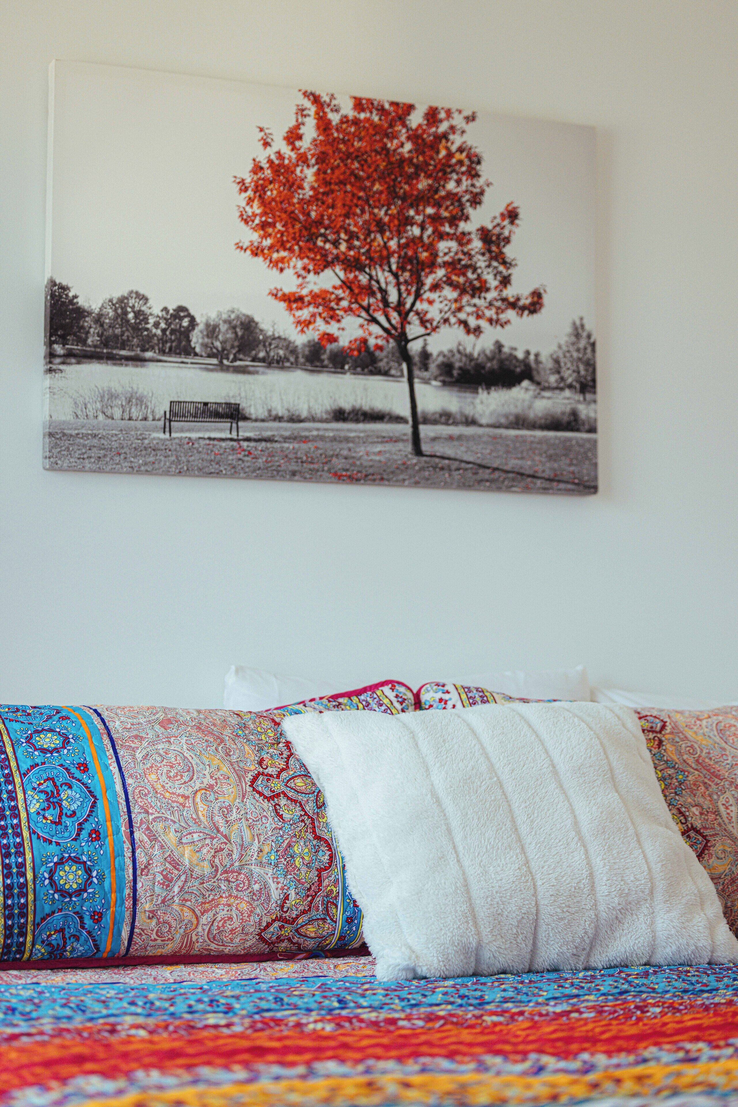 Ein Bett mit einer bunten Decke und einem Kopfkissen, ein an der Wand hängendes Bild von einem Baum und eine Parkbank.
