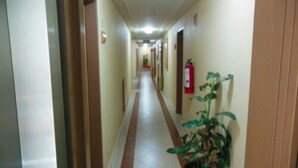 Un pasillo de hotel con puertas a ambos lados, un extintor en la pared derecha y una planta en maceta cerca del centro.