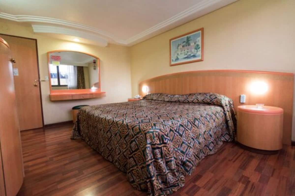 A hotel room with a large bed, a bedside table, a mirror, and a wall-mounted picture.