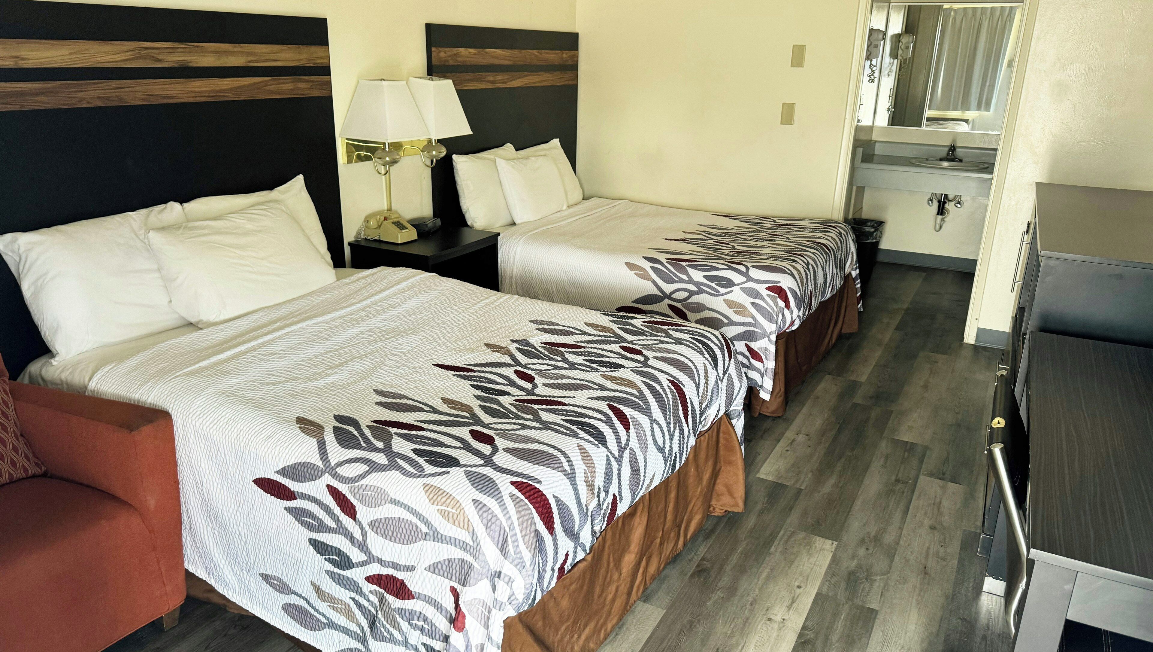 Room, 2 Double Beds, Non Smoking, Refrigerator & Microwave | Desk, laptop workspace, blackout curtains, iron/ironing board