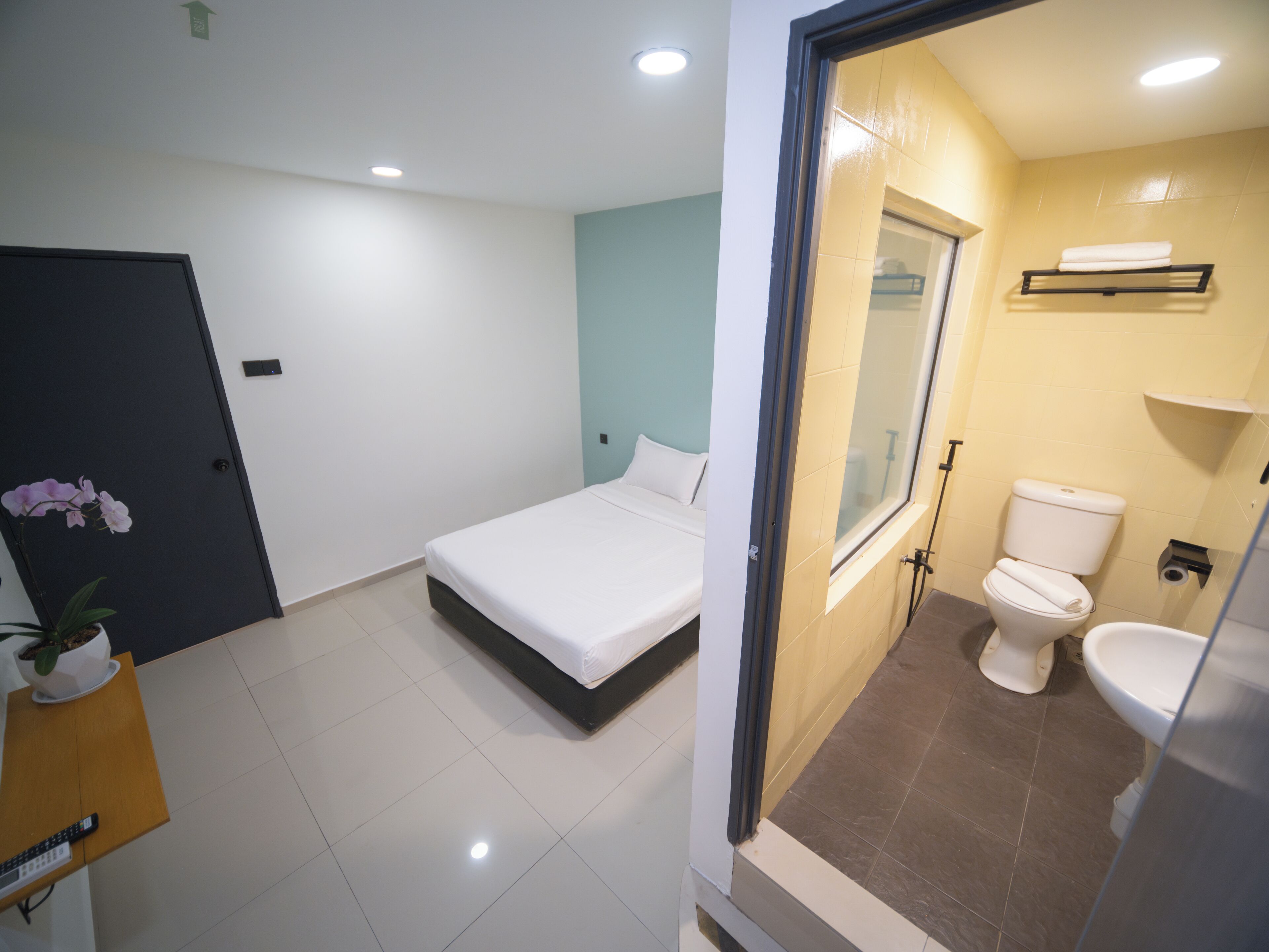 A modern hotel room with a bed, a small desk, a potted plant, and a bathroom with a toilet and sink.