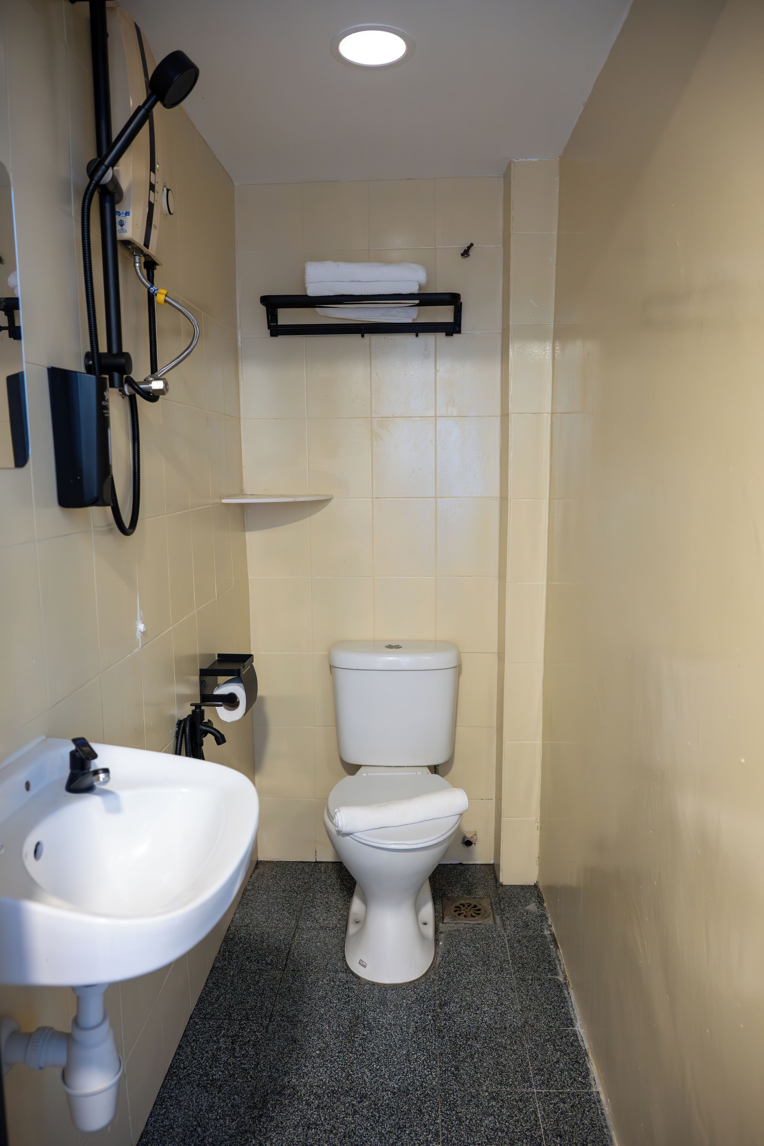 A small bathroom with a white sink, a toilet, and a shower head.