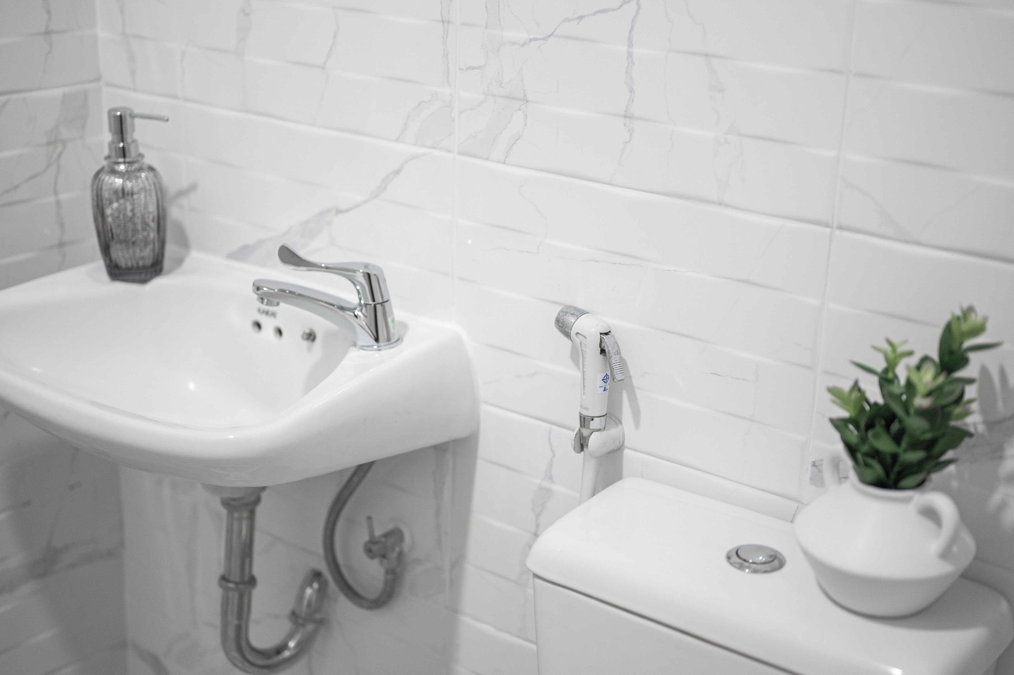 A bathroom with a white sink, a toilet, and a shower.