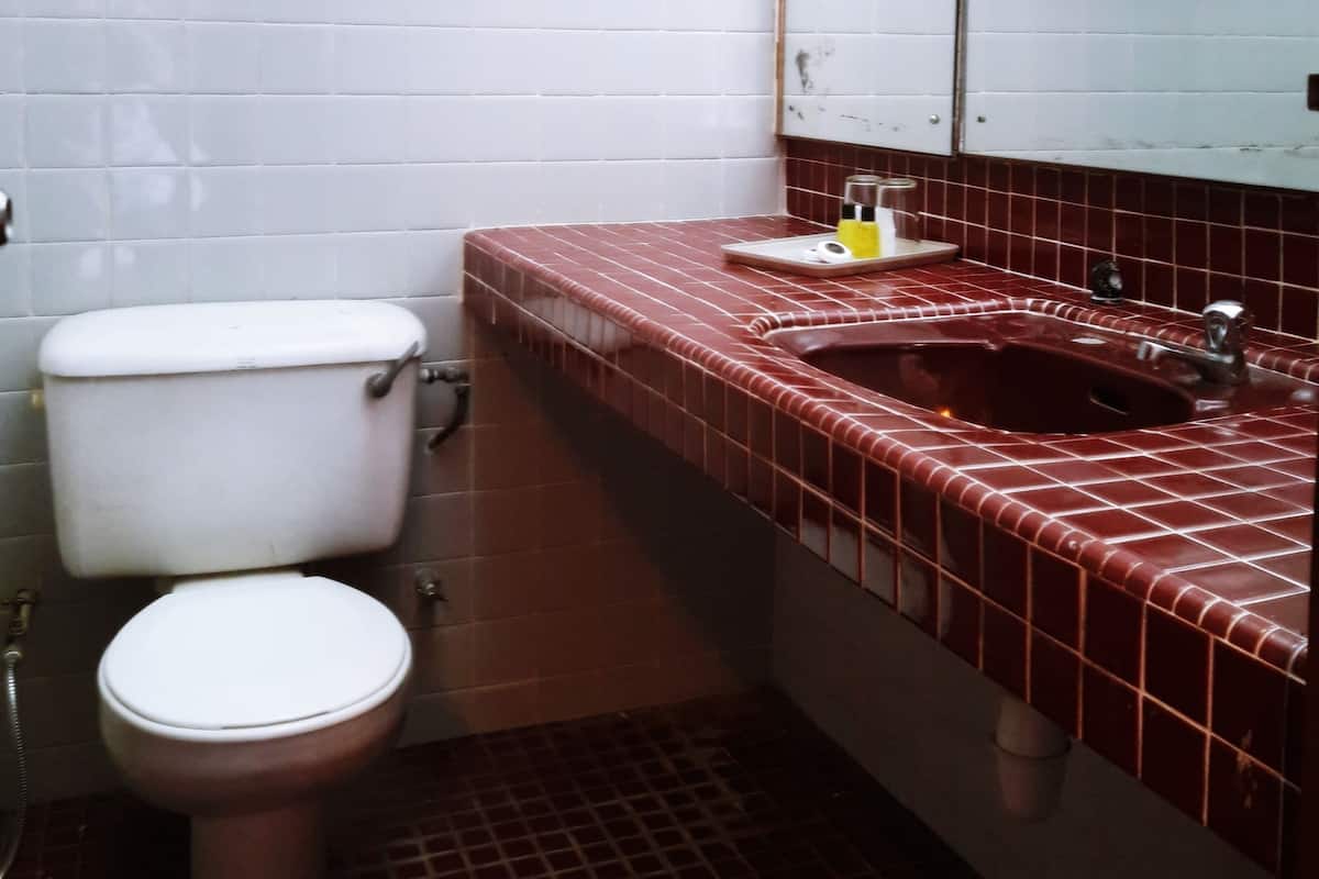 A bathroom with a toilet, a sink, and a mirror. There are two towel racks on the wall.