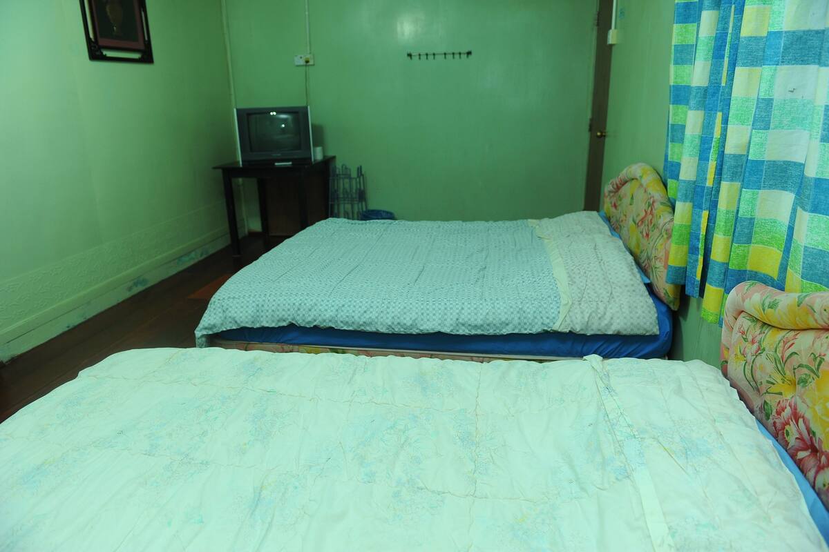 Une chambre avec deux lits, un téléviseur posé sur une petite table et un mur vert.