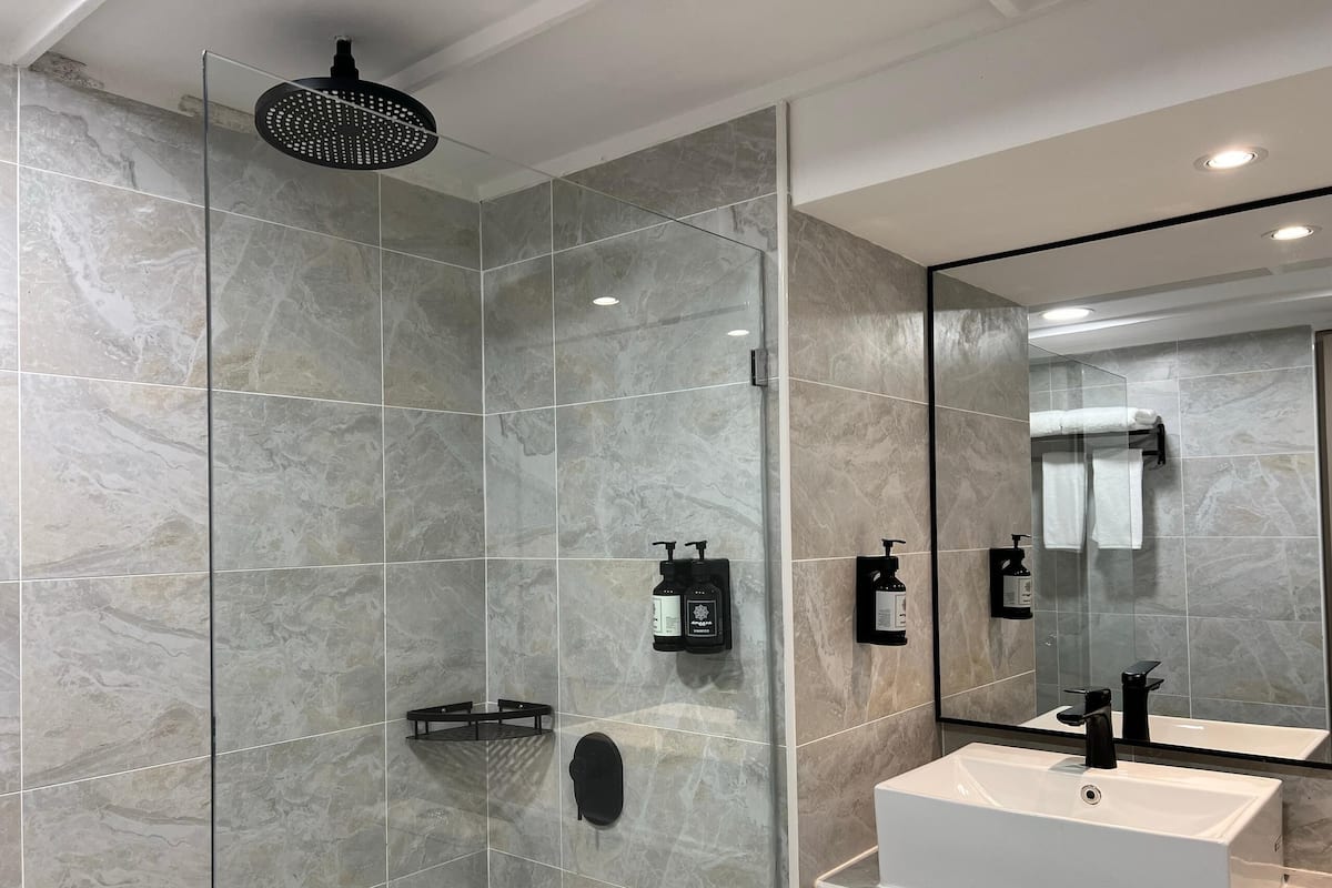 Shower, bidet, towels, soap