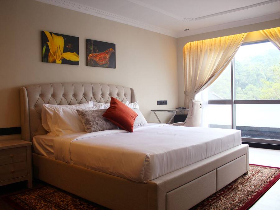 A large bed with a tufted headboard, white bedding, and a red accent pillow. There are two wall-mounted artworks depicting flowers and a leopard. A desk with a chair is positioned near a large window with curtains.