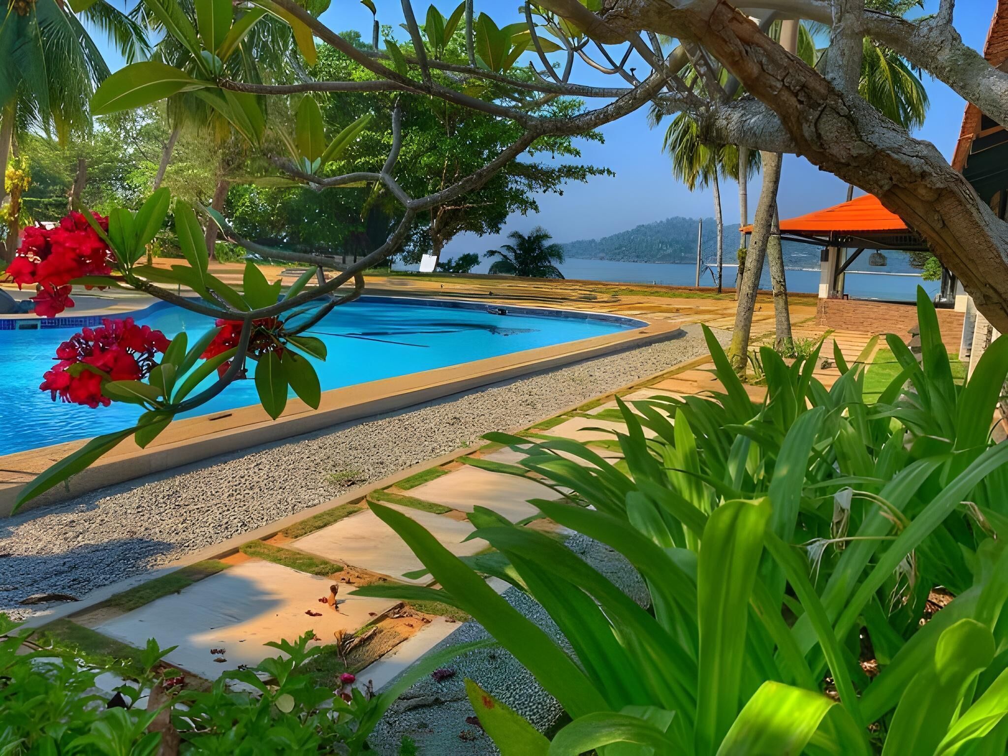 A swimming pool surrounded by tropical vegetation and a view of the sea.