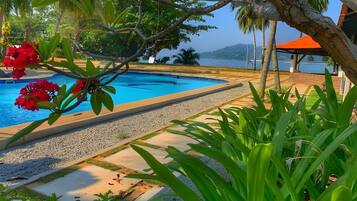 A swimming pool surrounded by tropical plants and a view of the sea.