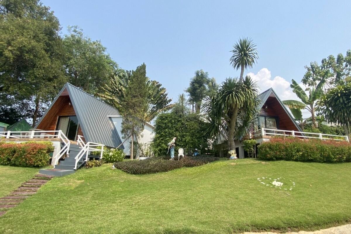 Two modern, triangular-roofed cabins with wooden exteriors, surrounded by lush greenery and palm trees.
