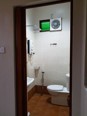 Shower, free toiletries, hair dryer, towels