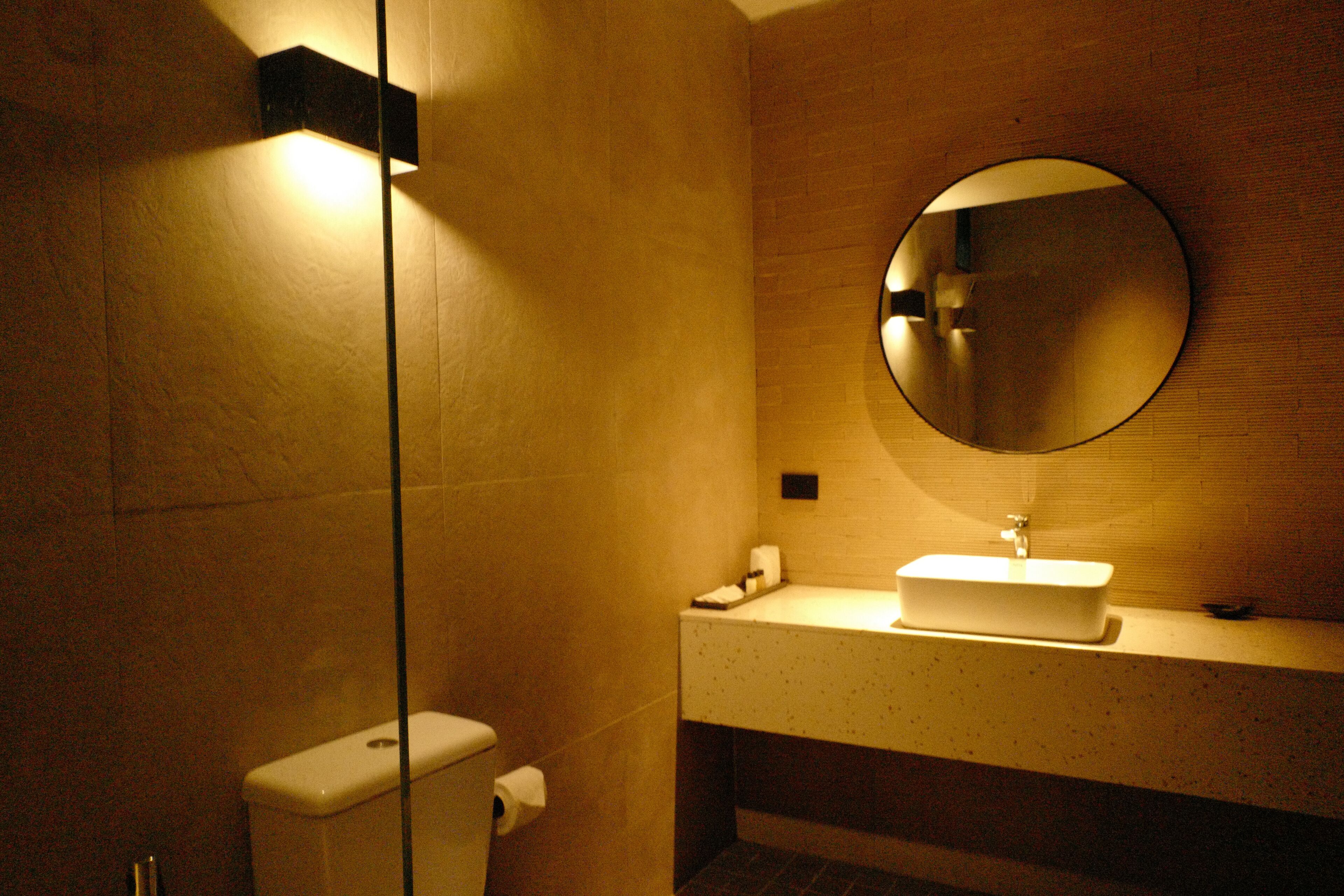 A bathroom with a toilet, sink, and mirror.