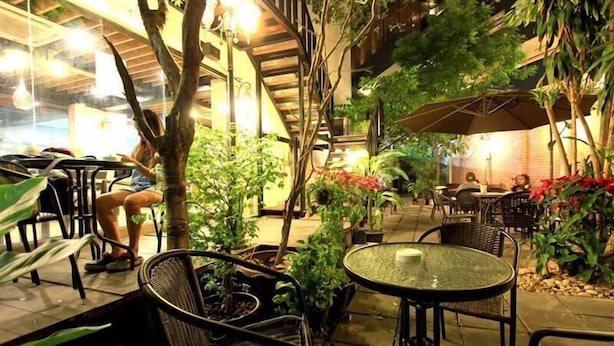 Un espace extérieur aménagé en terrasse, avec des tables et des chaises, entouré de plantes en pot et d’arbres.