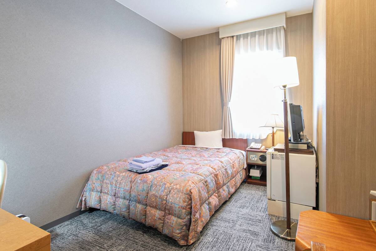 A hotel room with a bed, a desk, a chair, a lamp, and a television.
