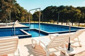 Indoor pool, outdoor pool, pool umbrellas, sun loungers