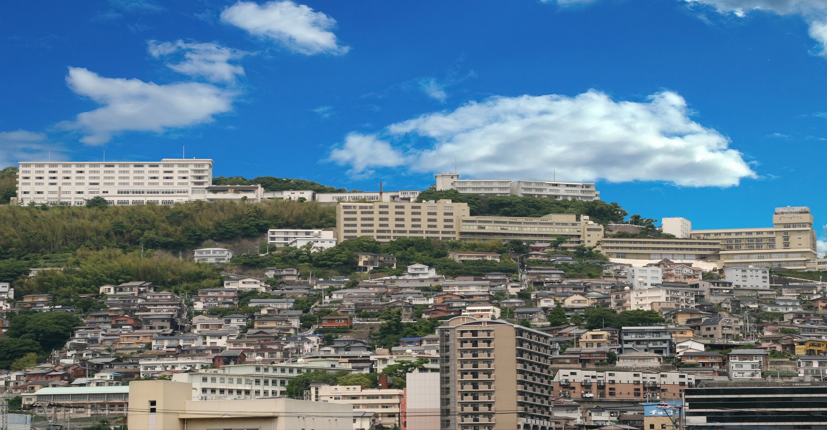 A densely packed hillside residential area with various multi-story buildings, some with balconies.