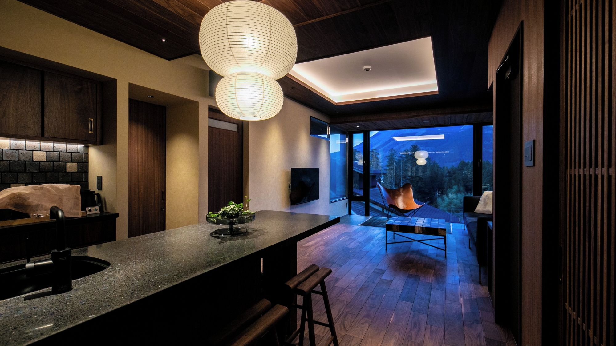 A modern kitchen with a large island, dark wood cabinetry, and a view of a forest through a glass door.