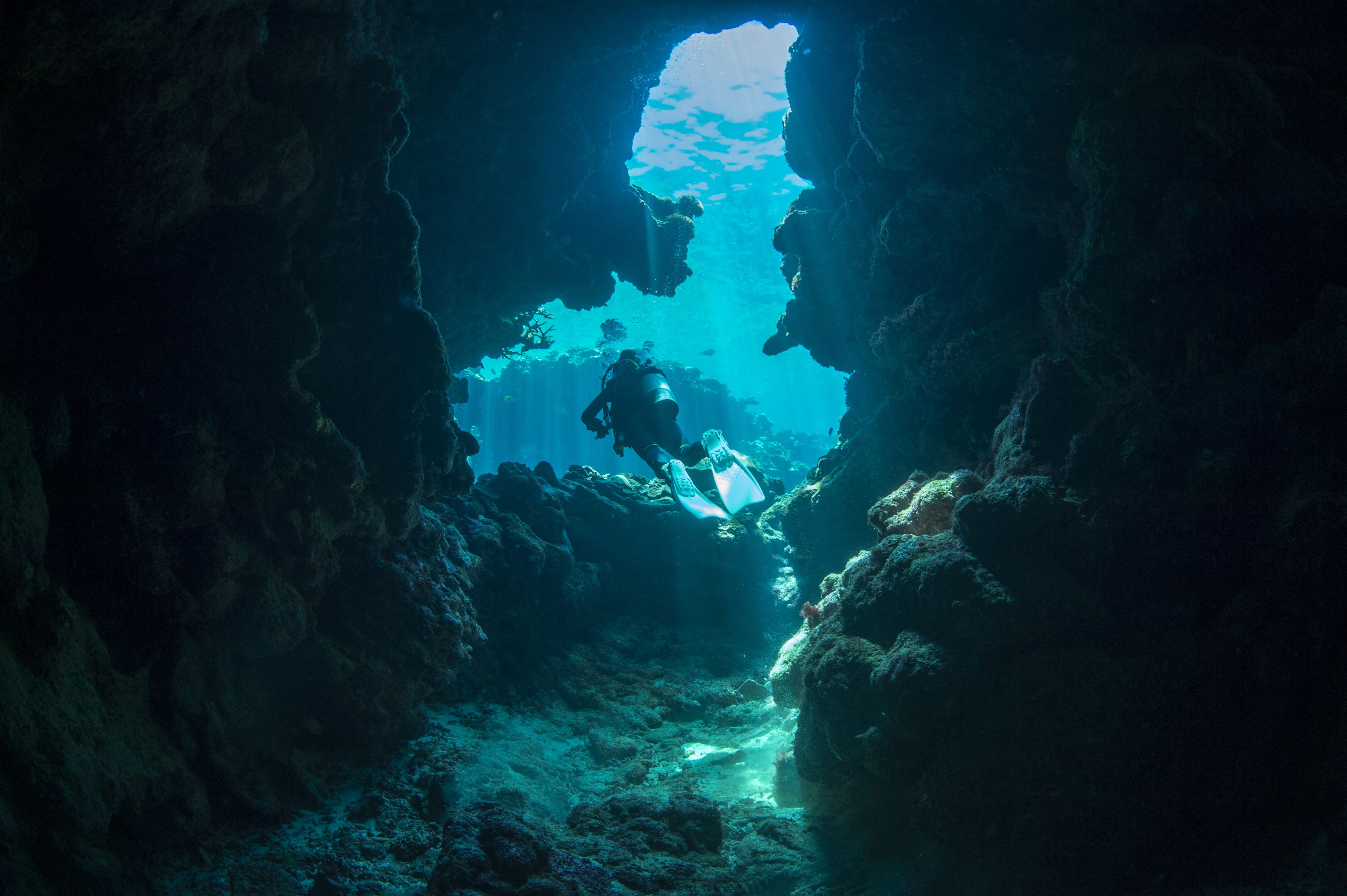 A diver in a cave with a natural opening allowing light to enter.