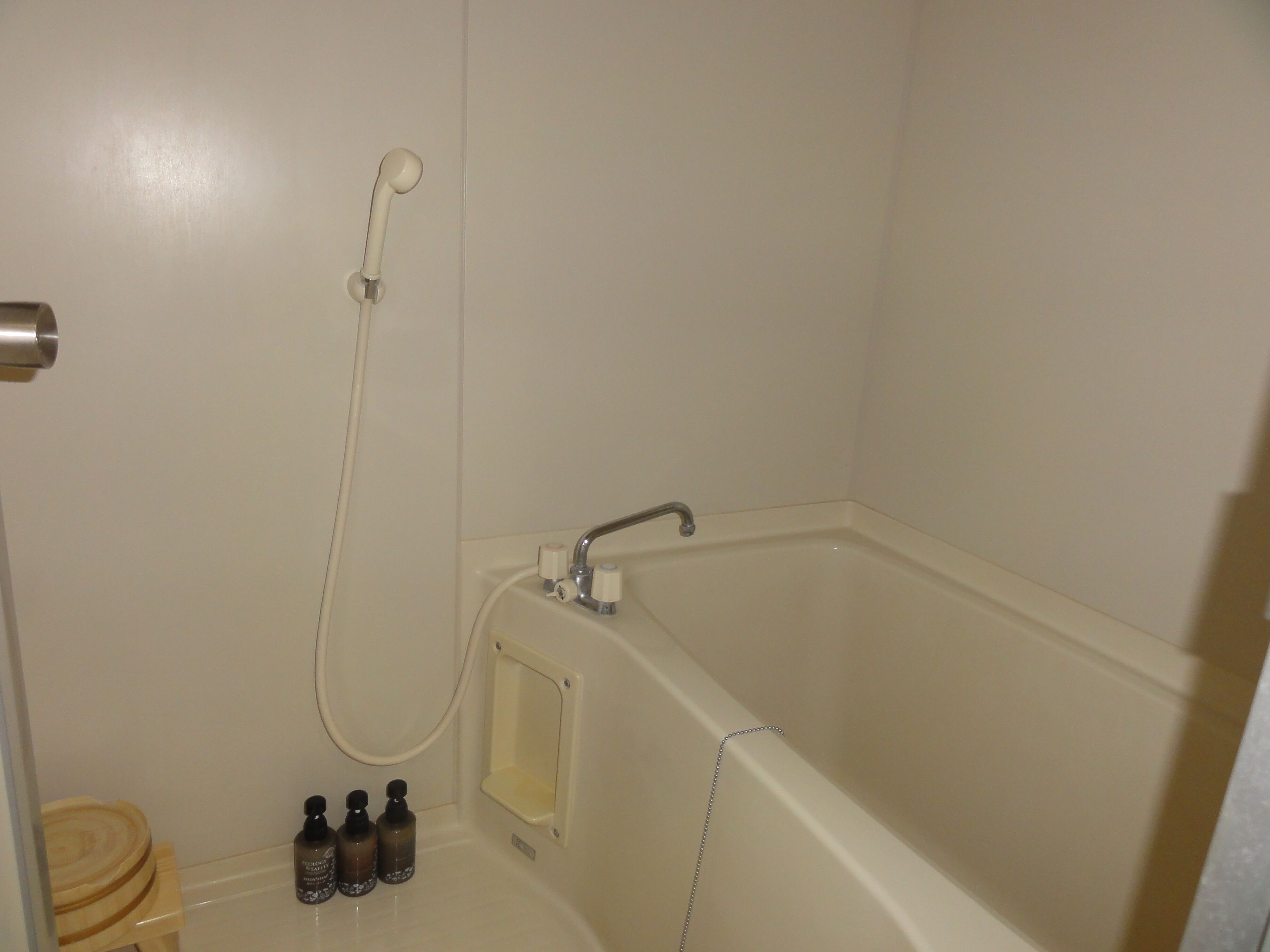 A bathroom with a bathtub, a shower, and a toilet. There are three bottles on the floor.