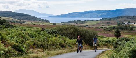 Una carretera rural con ciclistas, rodeada de vegetación y colinas.