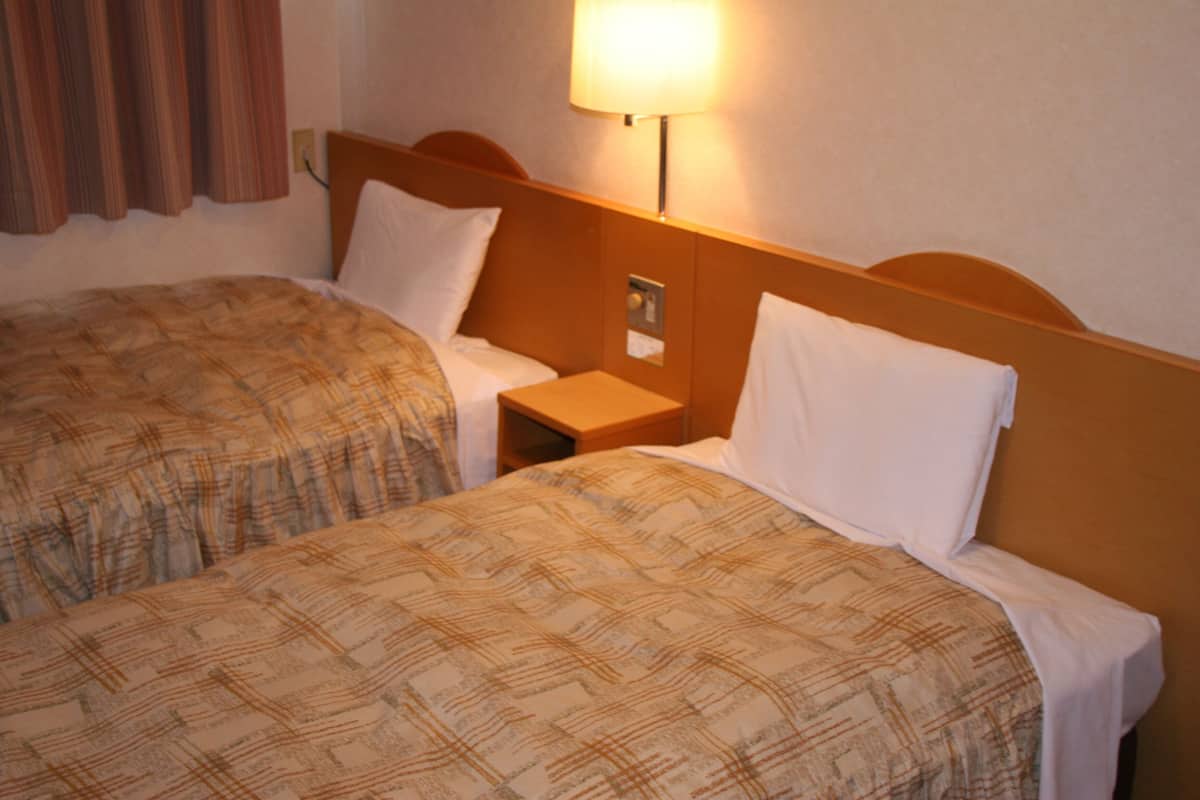 Ein Hotelzimmer mit zwei Betten, jeweils mit einem gemusterten Bettbezug und weißen Kissen. Dazwischen befindet sich ein Nachttisch mit einer Lampe.