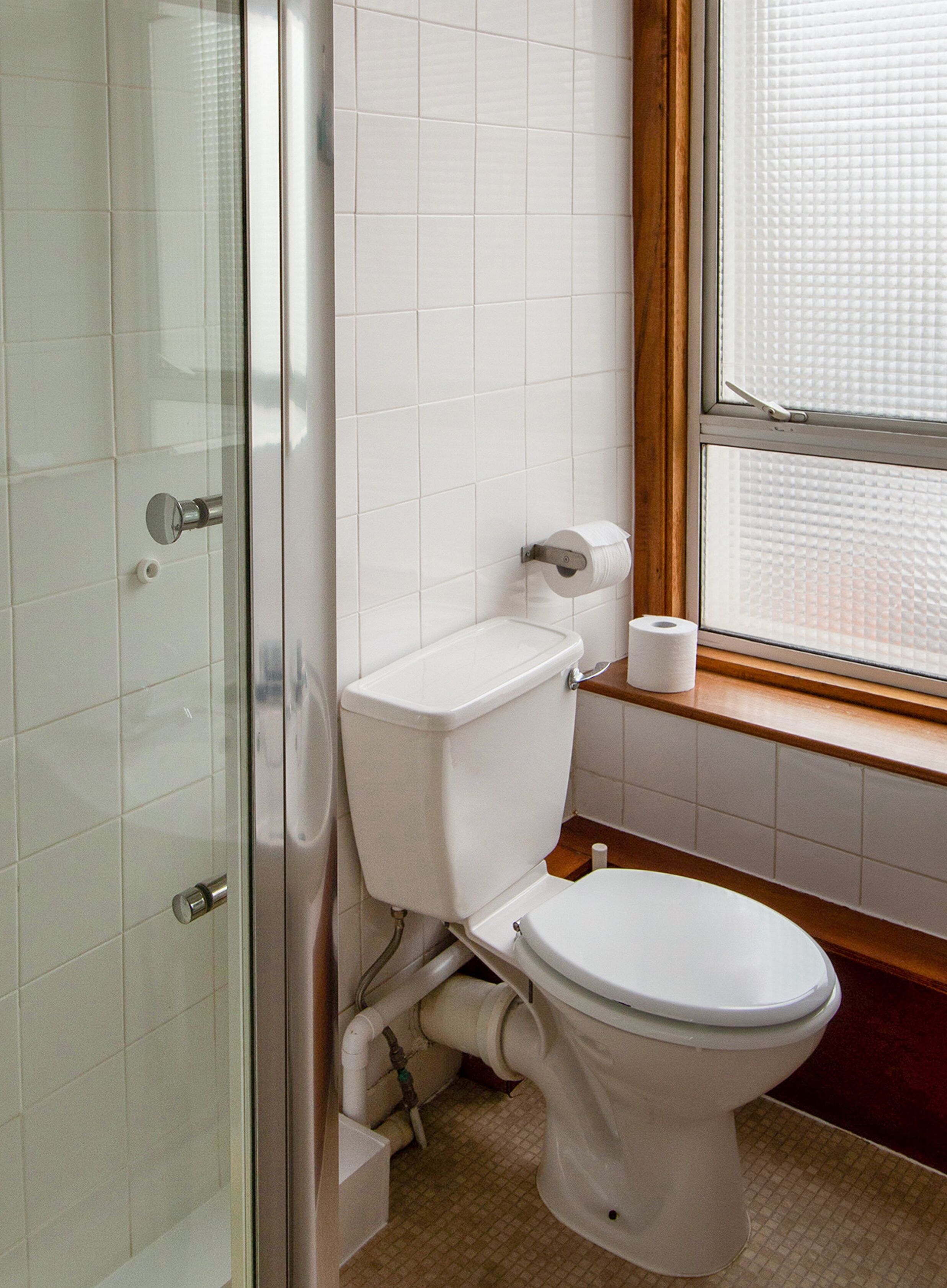 Une salle de bain avec des toilettes, une douche et une fenêtre.