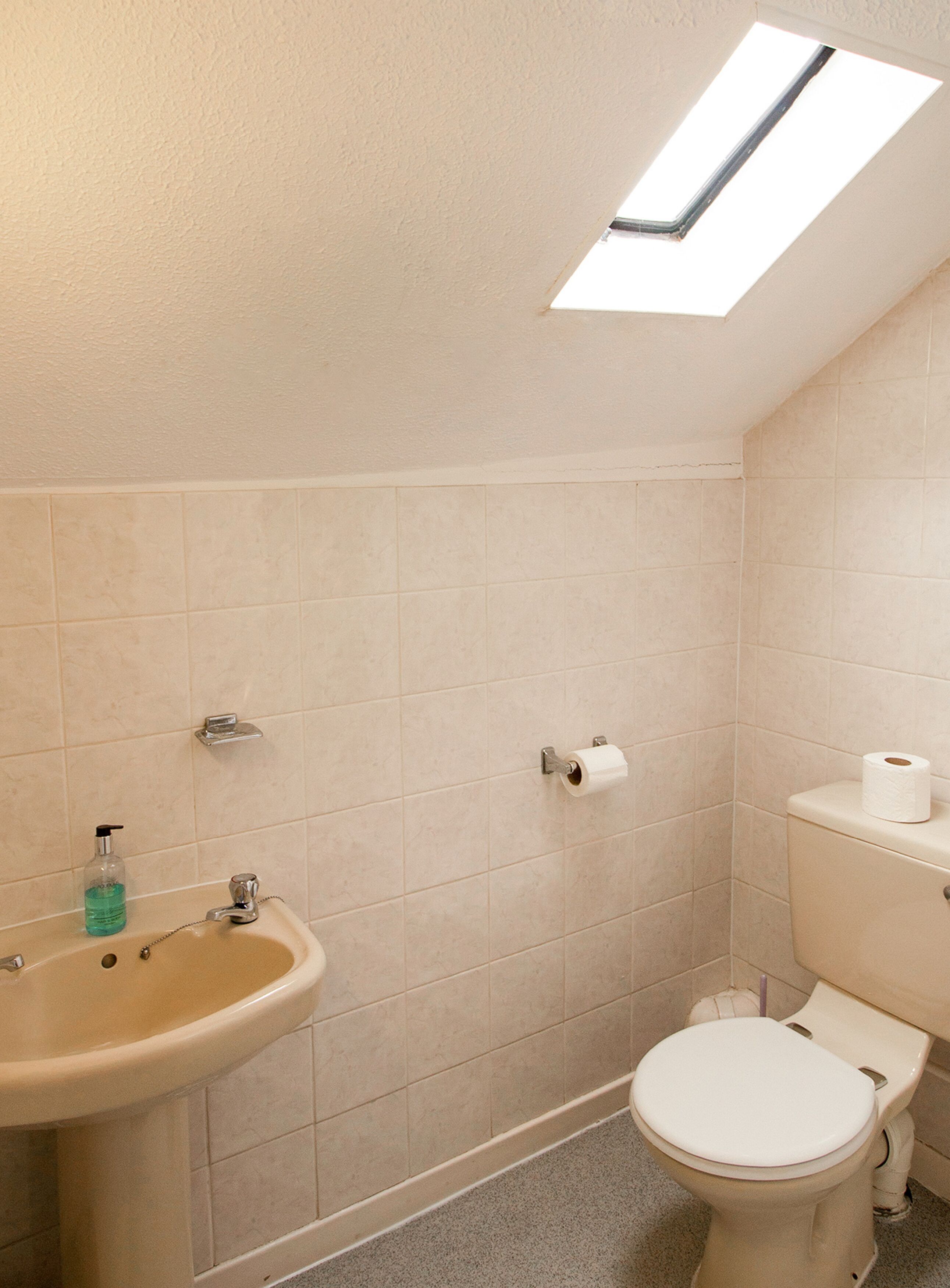 A bathroom with a sink, toilet, and a skylight.