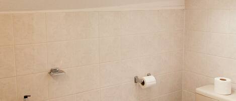A bathroom with a sink, toilet, and a skylight.