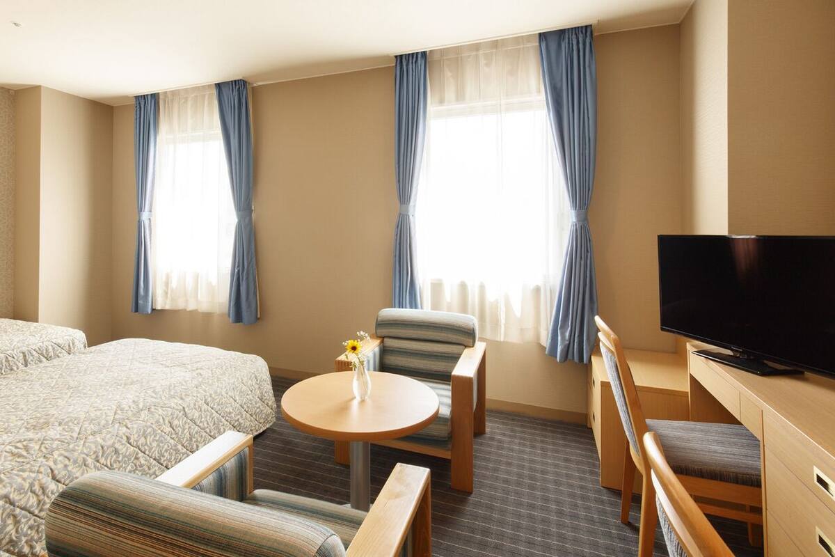 Quarto de hotel com uma cama grande, televisão, mesa pequena com um vaso e duas cadeiras.