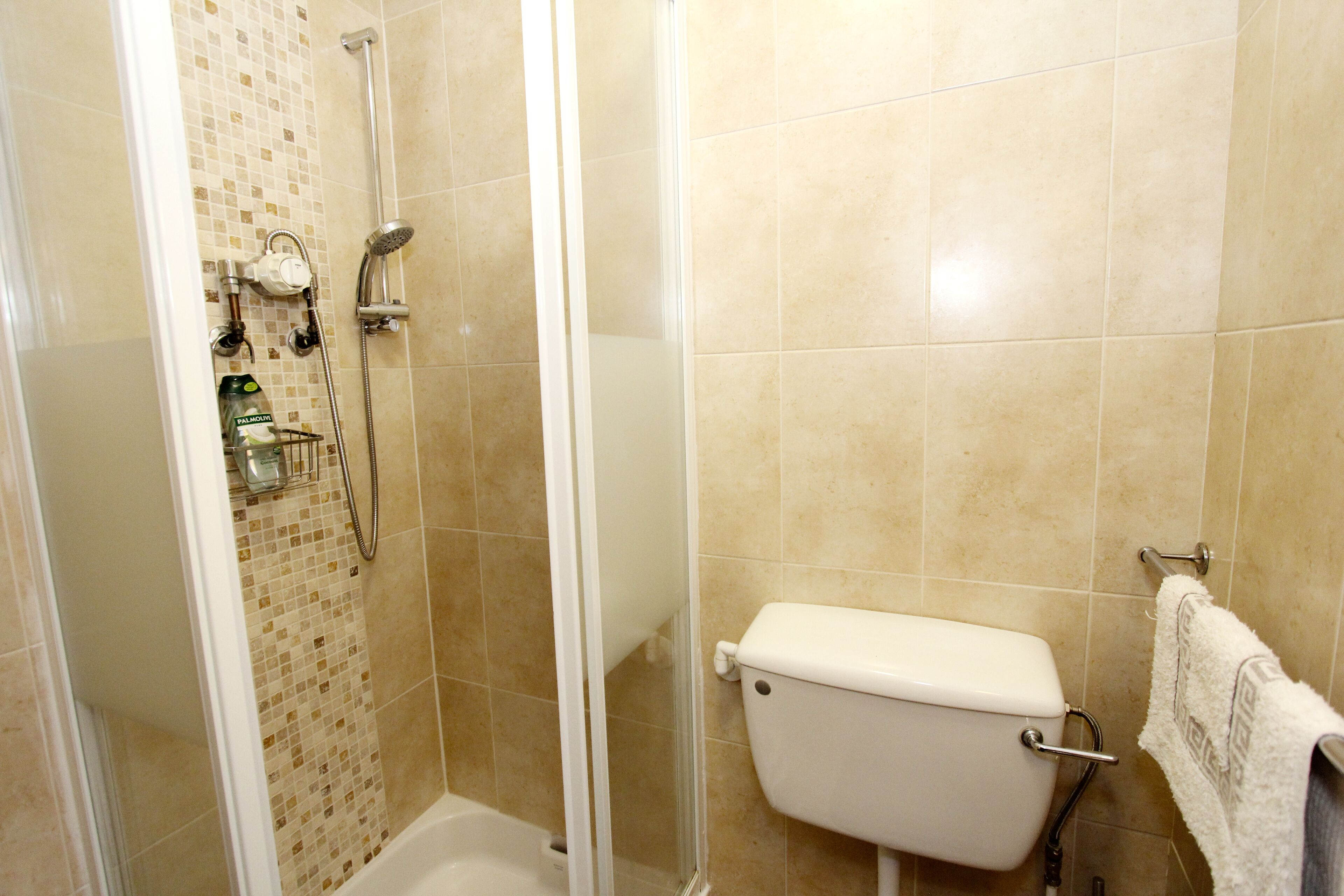Ein Badezimmer mit Dusche, Toilette und gefliesten Wänden.
