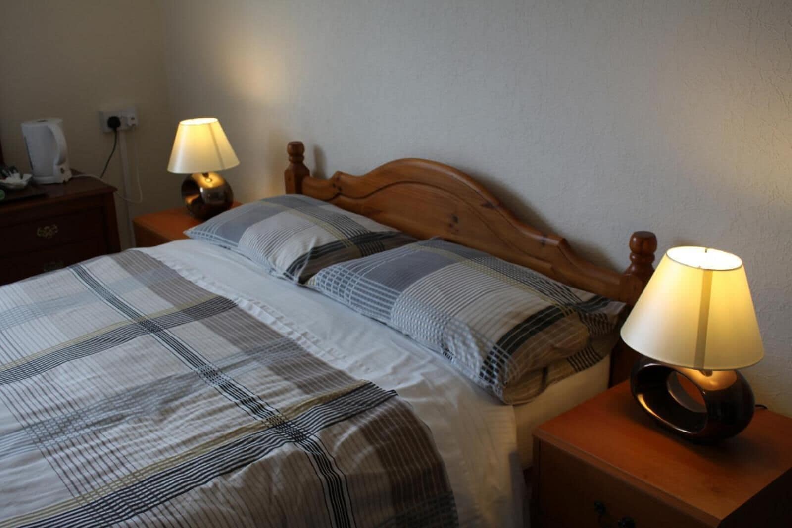 Een net opgemaakt bed met een geruit sprei, twee bedlampen en een houten hoofdbord.