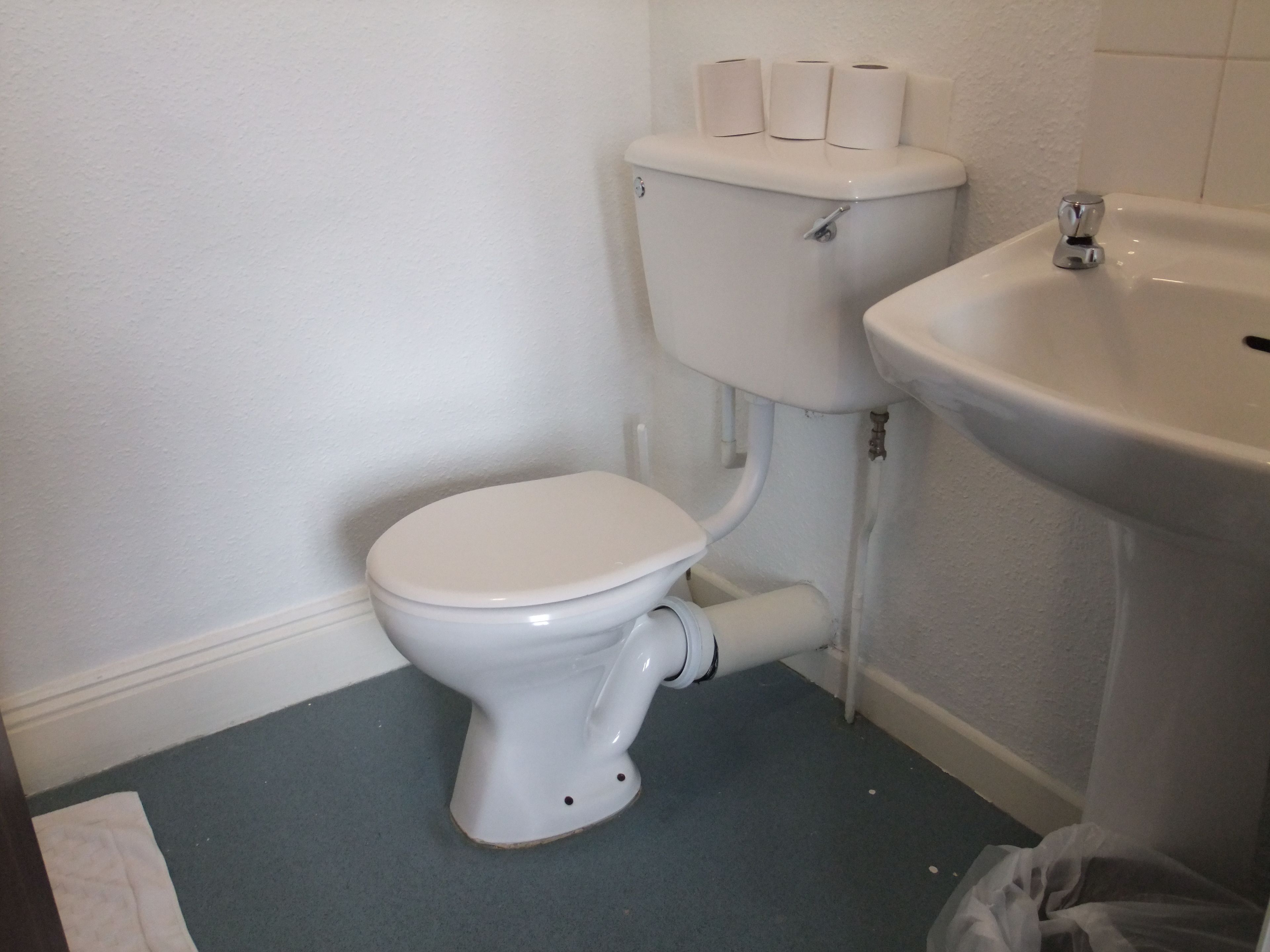Un baño con un inodoro blanco, un lavamanos y tres rollos de papel higiénico sobre el tanque.