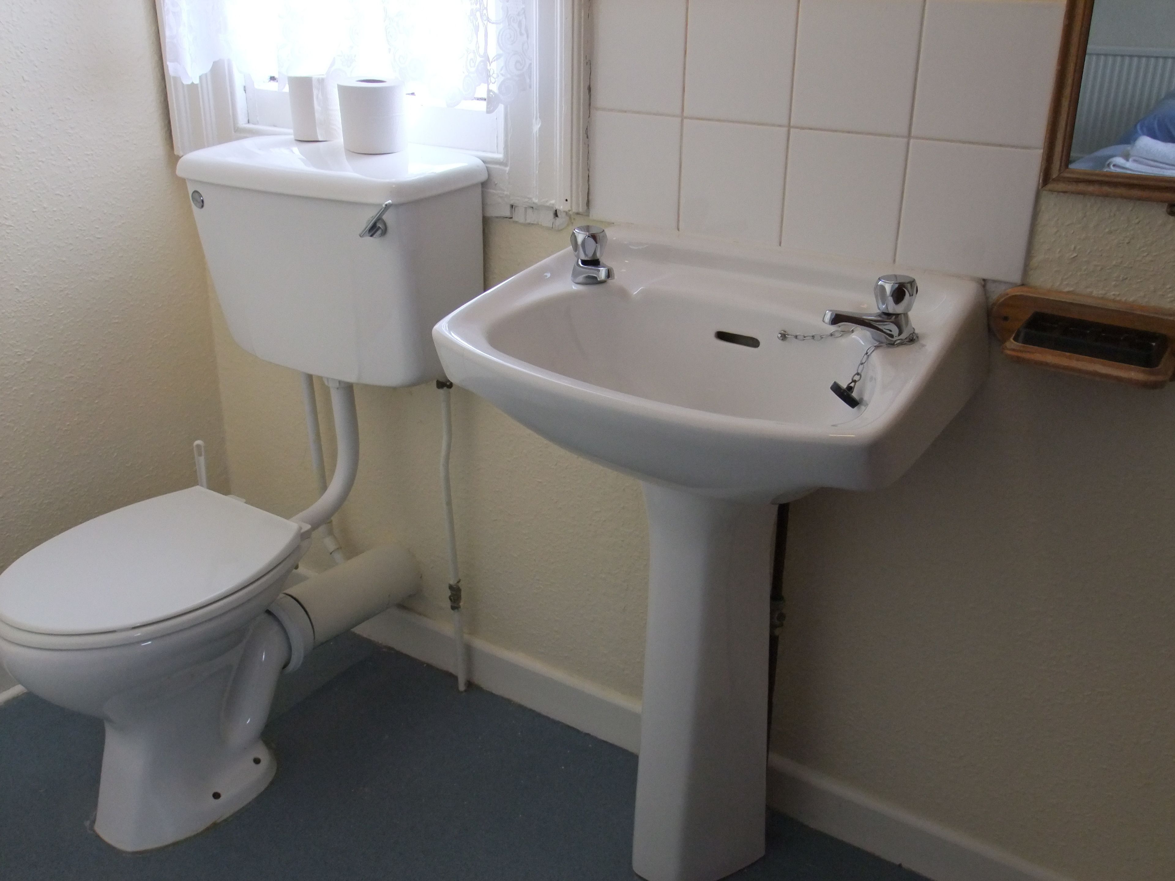 A bathroom with a toilet and a pedestal sink.