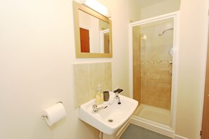 Habitación doble | Baño | Ducha, secador de pelo y toallas