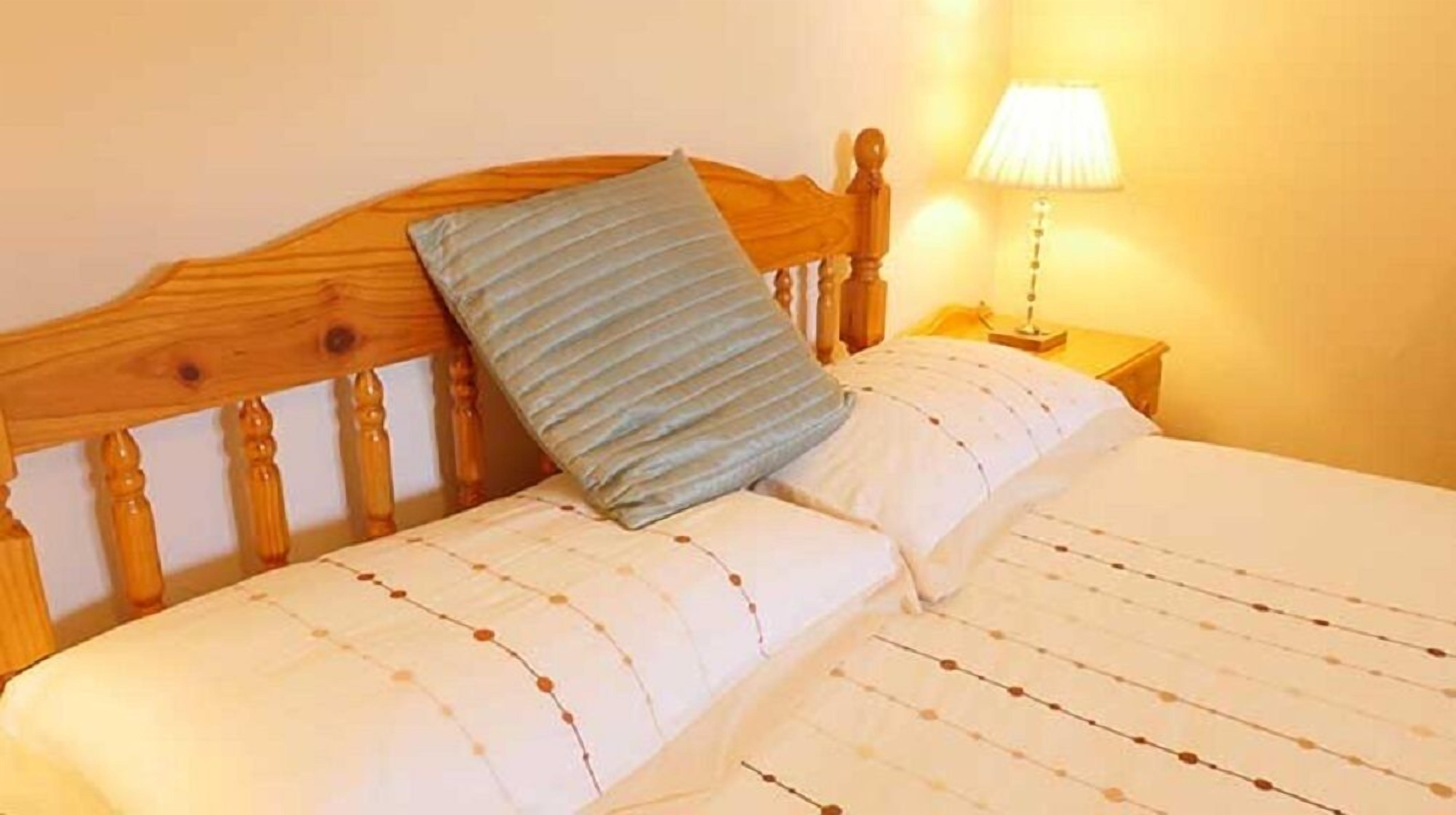 A bed with a wooden headboard, a single pillow, and a bedside lamp.