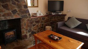 Un accogliente soggiorno con camino in pietra, una televisione su una mensola di legno, un divano con cuscini e un tavolino da caffè in legno con una ciotola decorativa.