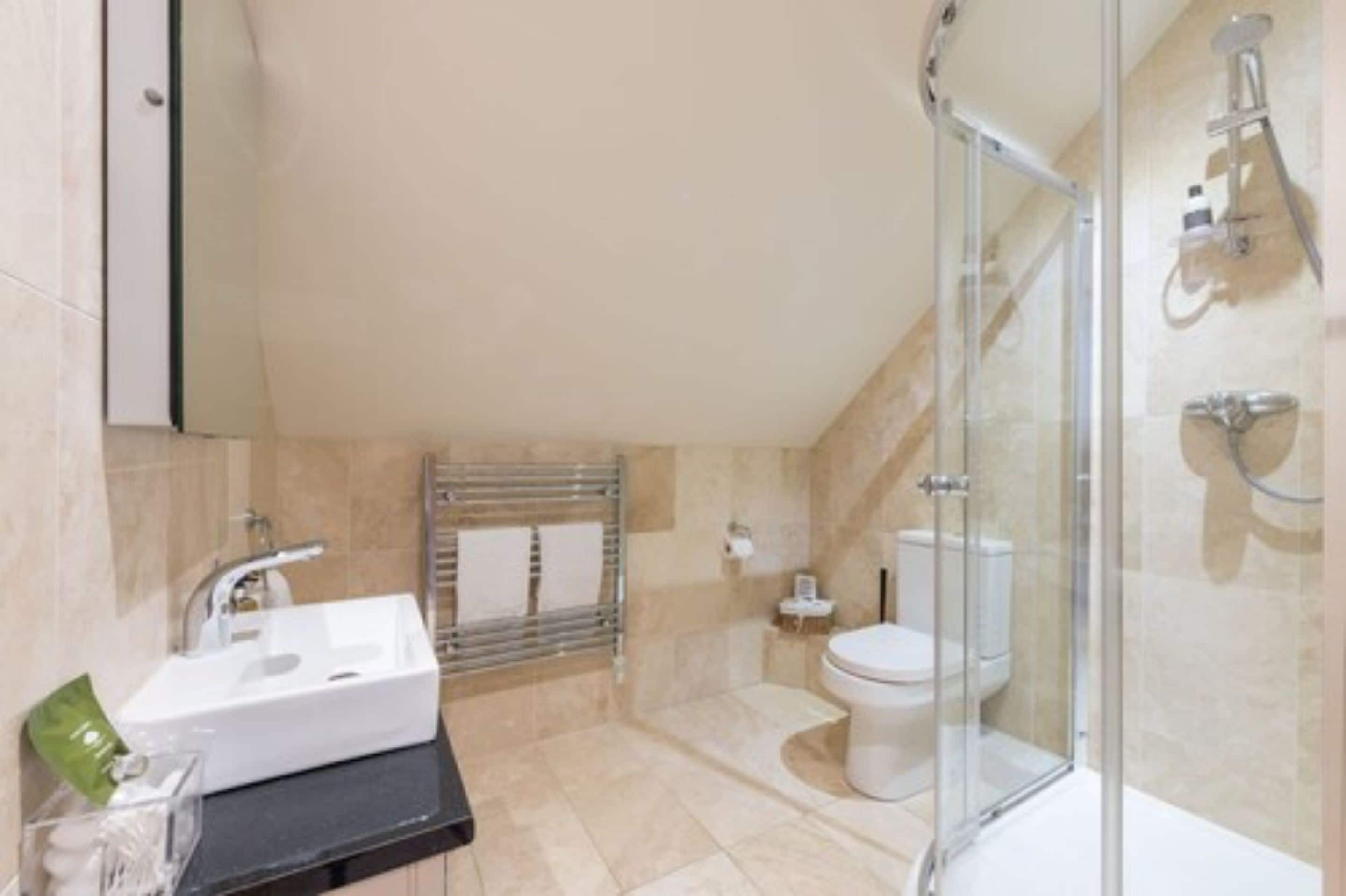 Un baño moderno con ducha de vidrio, un lavabo blanco y un inodoro.