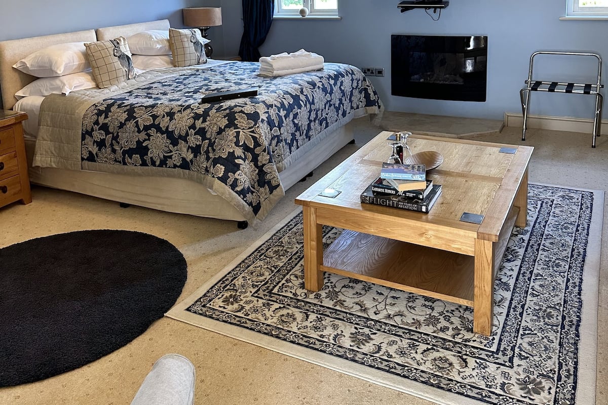 A bedroom with a bed, bedside tables, a TV, a fireplace, and a window.